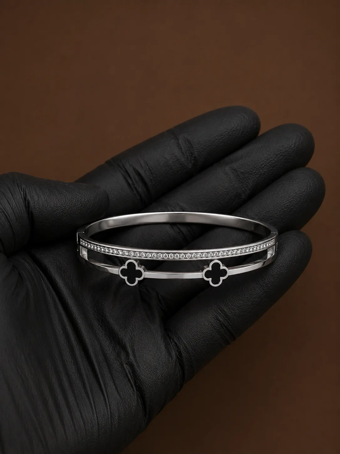 Crystal Clover Silver Stainless Steel Charm Bangle