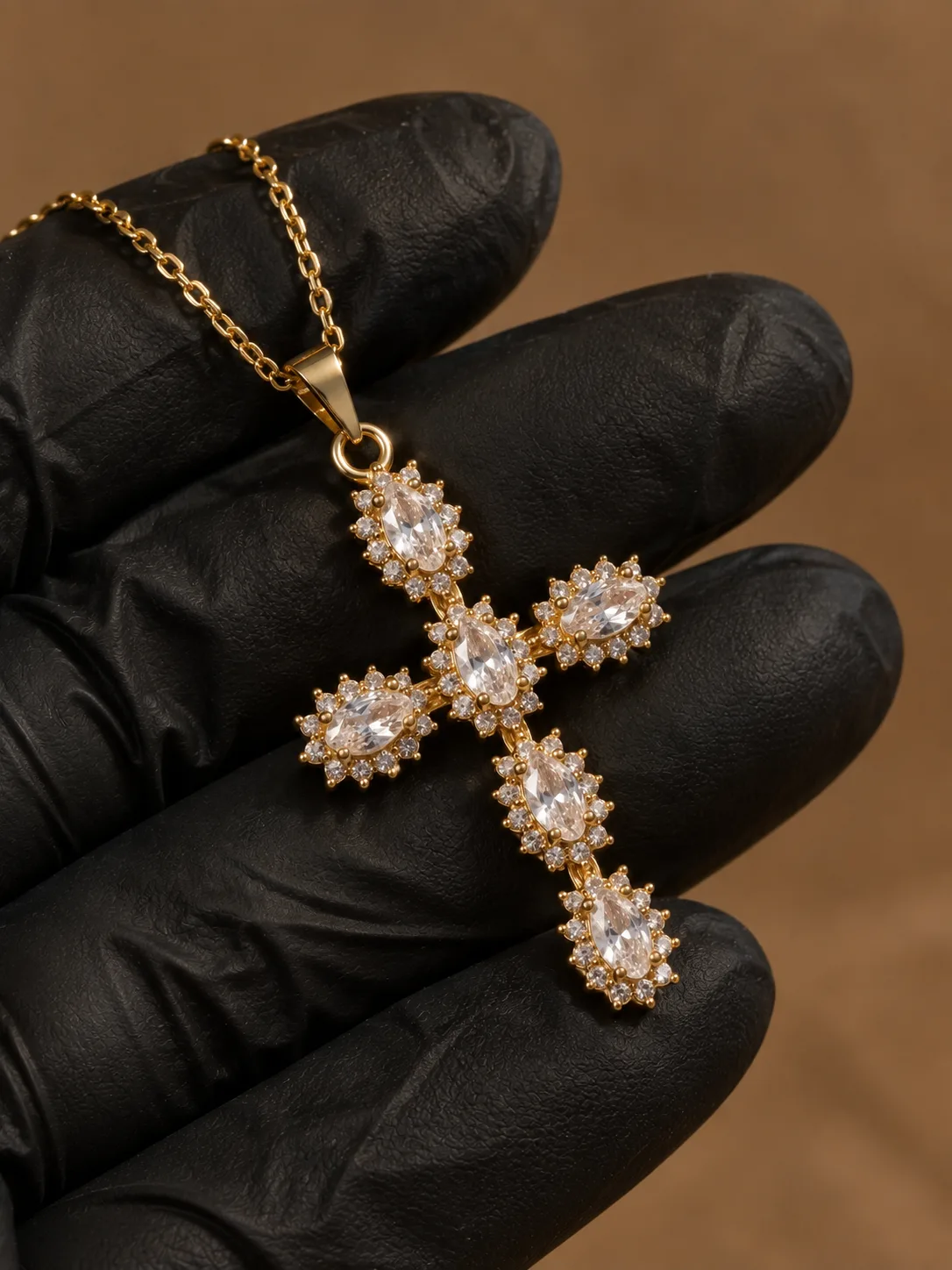 Oval Crystal Gold Cross Stainless Steel Necklace