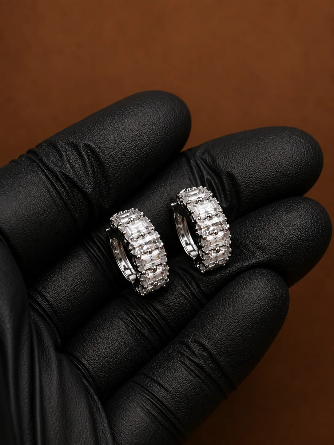 Baguette Cut Crystal Silver Huggie Earrings